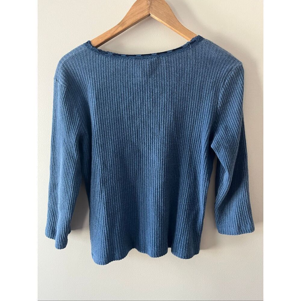 Lauren Ralph Lauren Blue Waffle Knit y2k 100% Cotton blouse L Lace Trim coquette - Picture 7 of 8